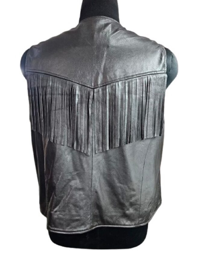 Snap Button Lamb Leather Fringe Vests Black Color