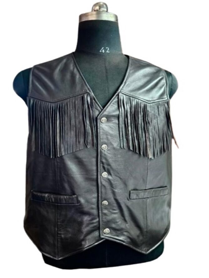 Snap Button Lamb Leather Fringe Vests Black Color