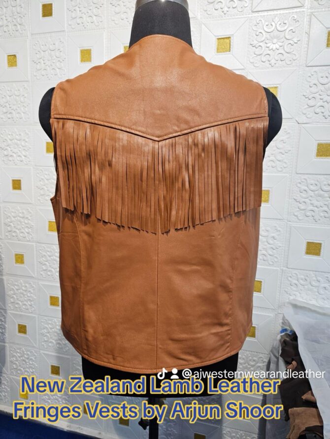 Snap Button Lamb Leather Fringe Vests Cognac Color