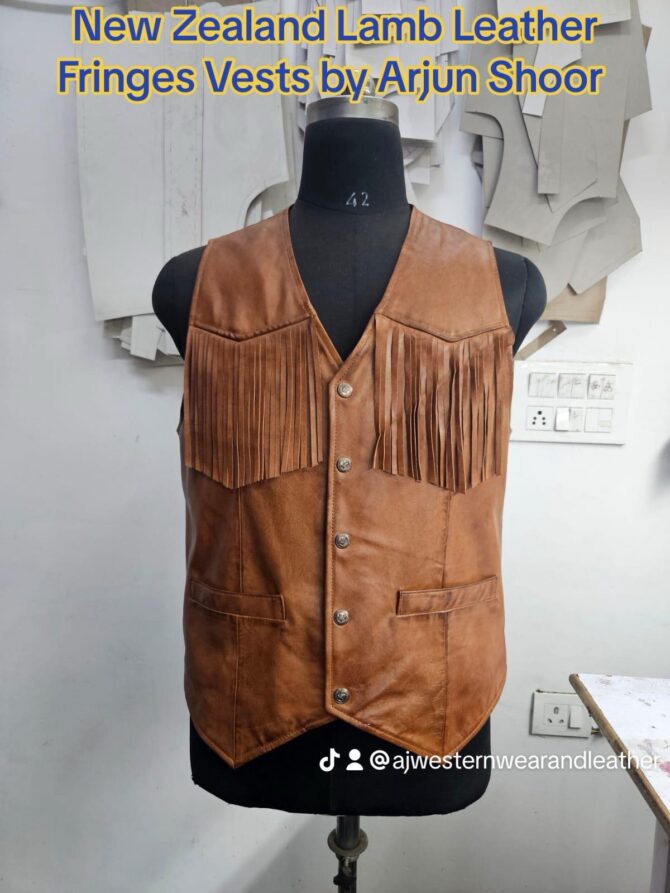 Snap Button Lamb Leather Fringe Vests Cognac Color