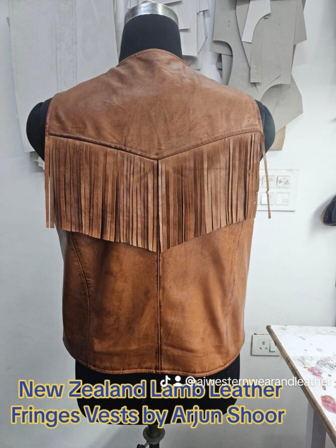 Snap Button Lamb Leather Fringe Vests Tan Color