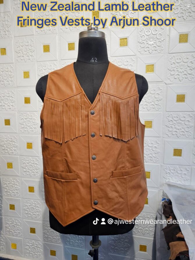 Snap Button Lamb Leather Fringe Vests Tan Color