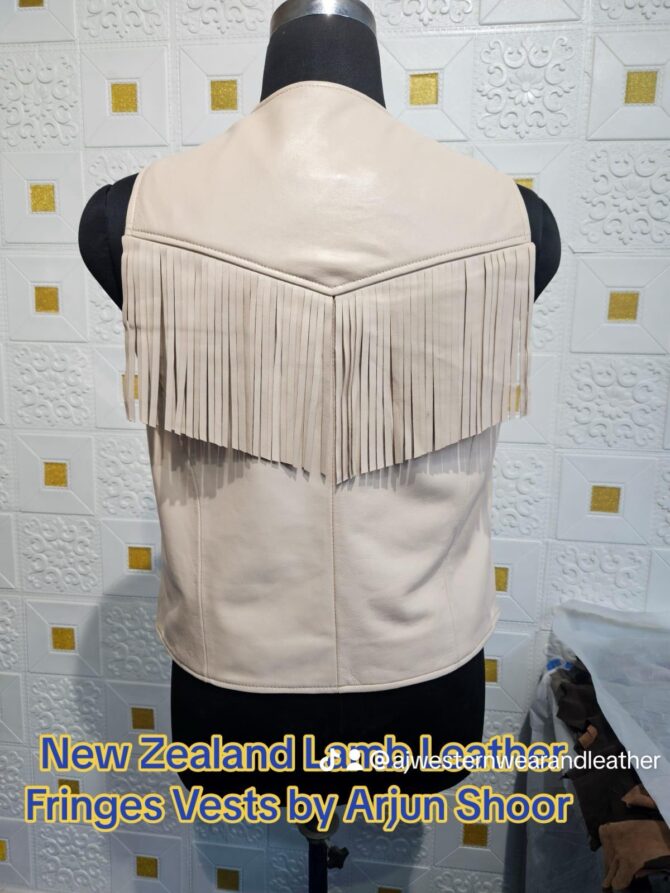 Snap Button Lamb Leather Fringe Vests White Color