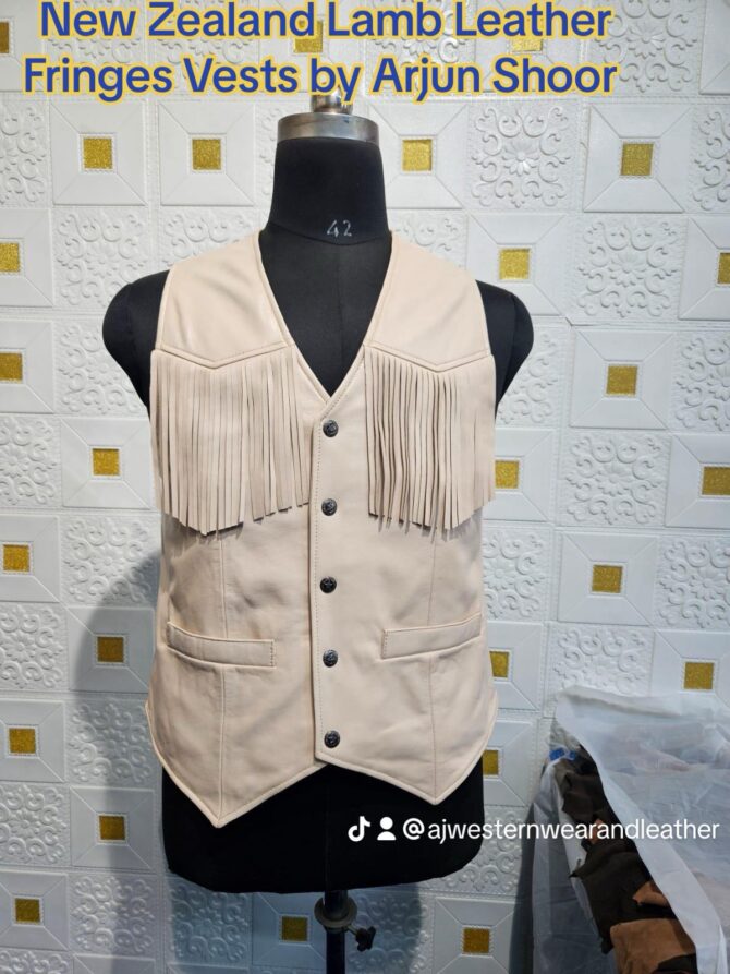 Snap Button Lamb Leather Fringe Vests White Color